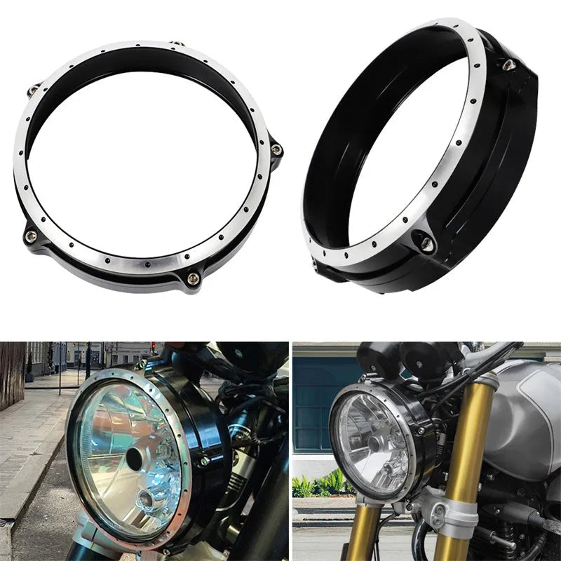 Black CNC aluminium headlight cover for BMW R nineT Scrambler motorcycle.