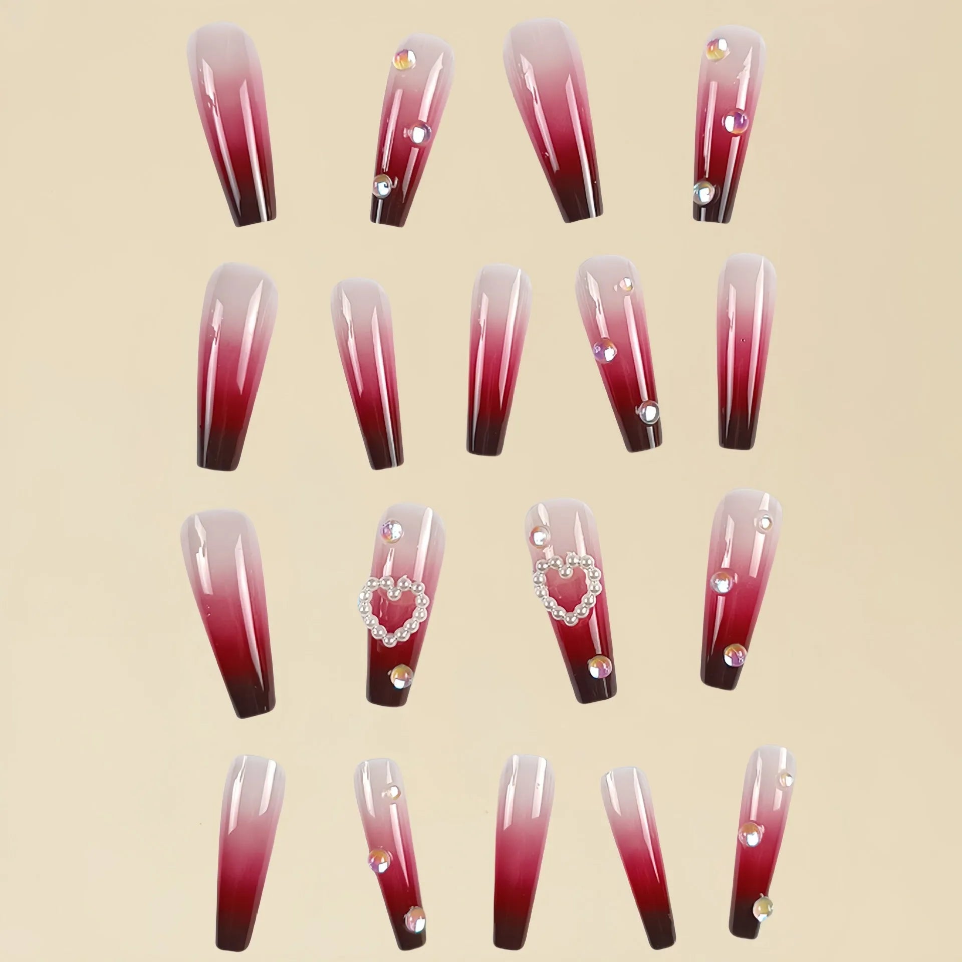 Wine red gradient false nail tips with pearl heart design and plaid pattern