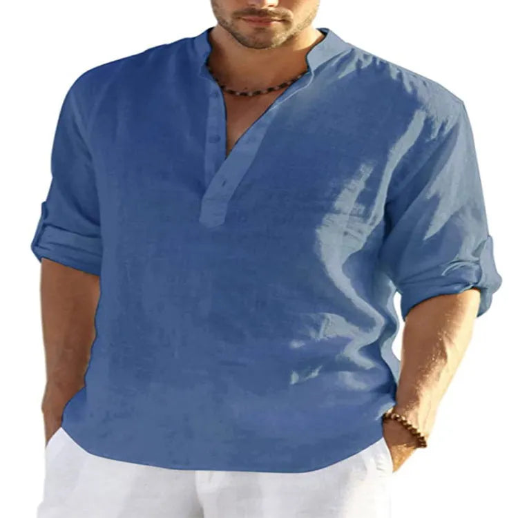 Men's solid colour cotton linen long sleeve shirt with a stand collar, shown in a fitted style.