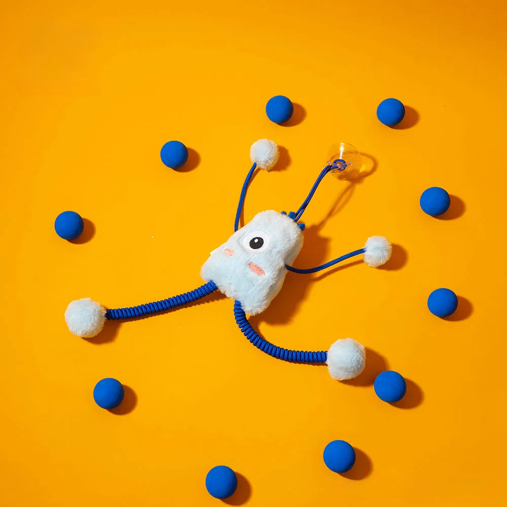 Blue plush ring cat toy with elastic rope and a mint-coloured bell, shown on a white background.