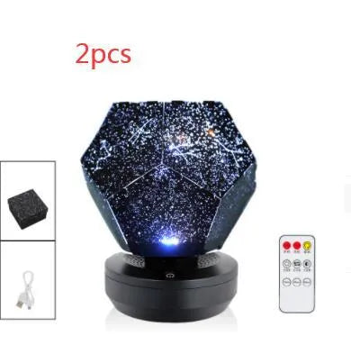 LED starry sky projector night light showing constellation projection on a bedroom ceiling.