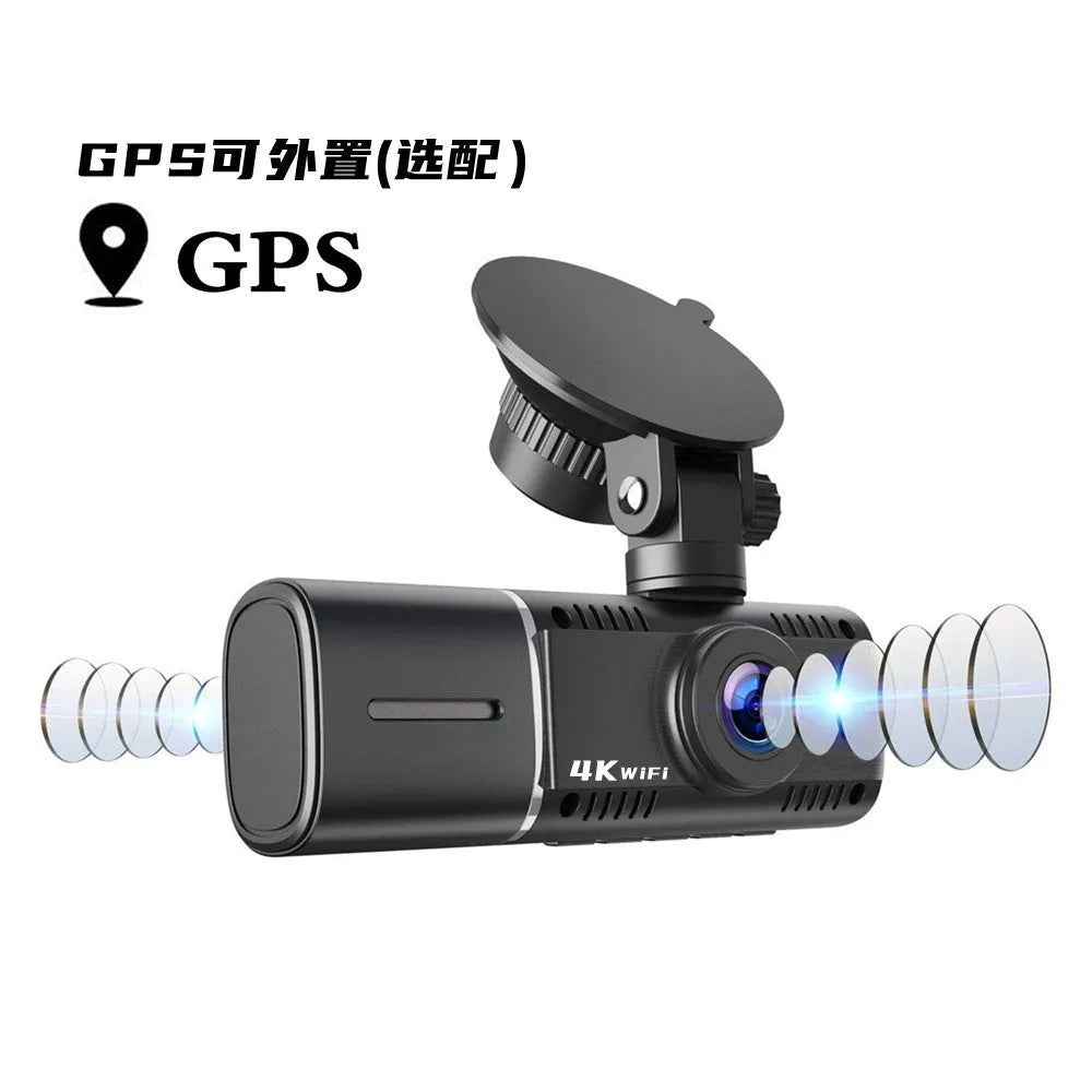 Black dual-channel car dash camera with 1.5-inch screen for front and rear recording.