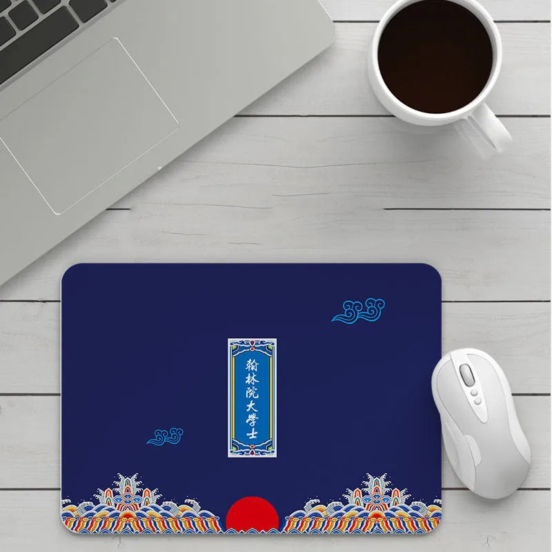 Custom cartoon mouse pad with thickening, showing example artwork on non-slip rubber and cloth base.
