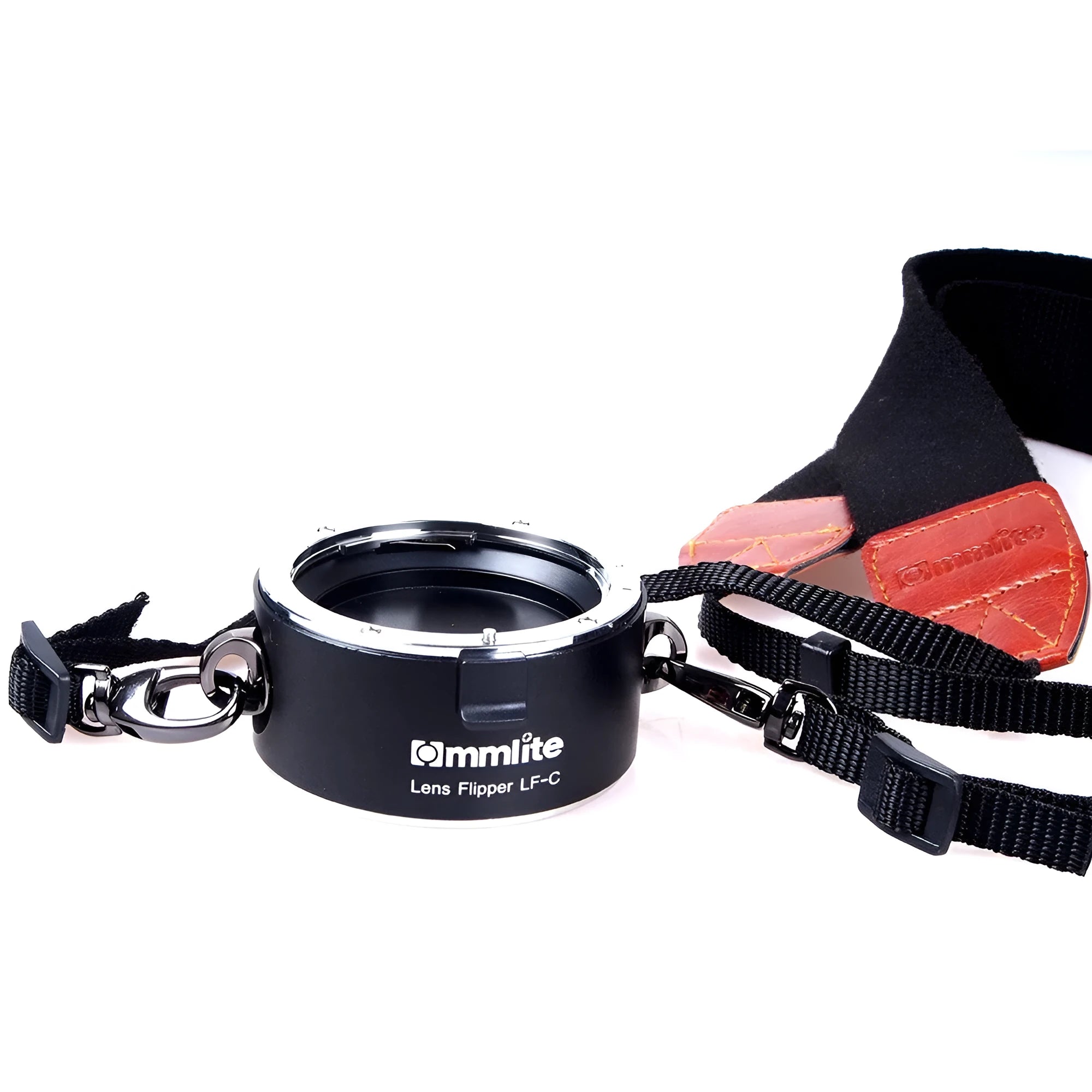 Nikon E-mount camera lens flipper with aluminium body and cotton shoulder strap