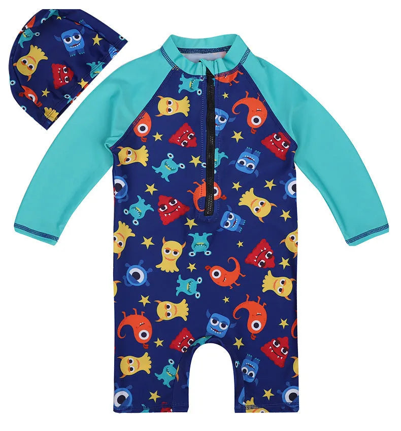 Children's one-piece swimsuit with striped shark pattern, polyester-oxygen blend, size 2-10 yards for ages 1-7