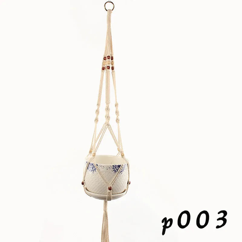Woven wire cotton rope macramé plant hanger in a European village style, shown as a desktop, wall-mounted, and hanging basin.