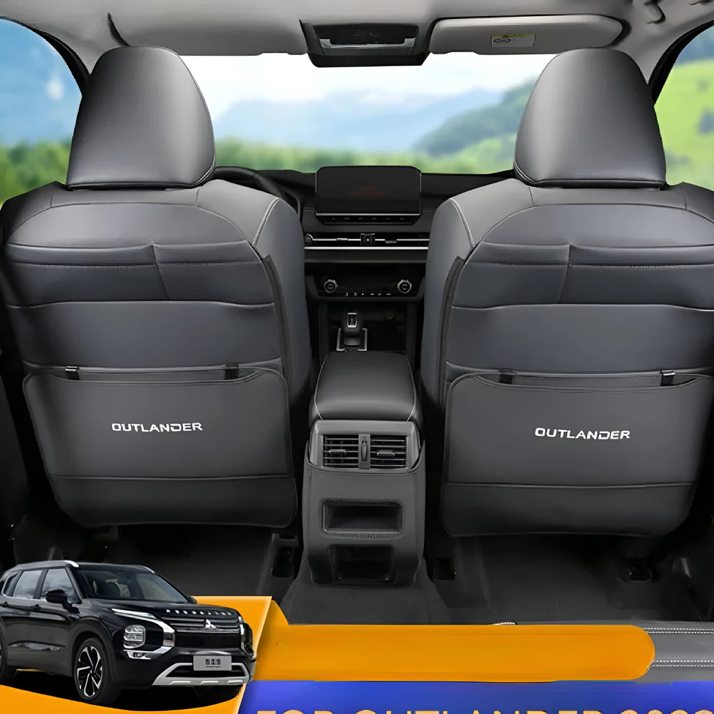 Set of three leather anti-kick pads for Mitsubishi Outlander seats and console in black, grey, and brown.