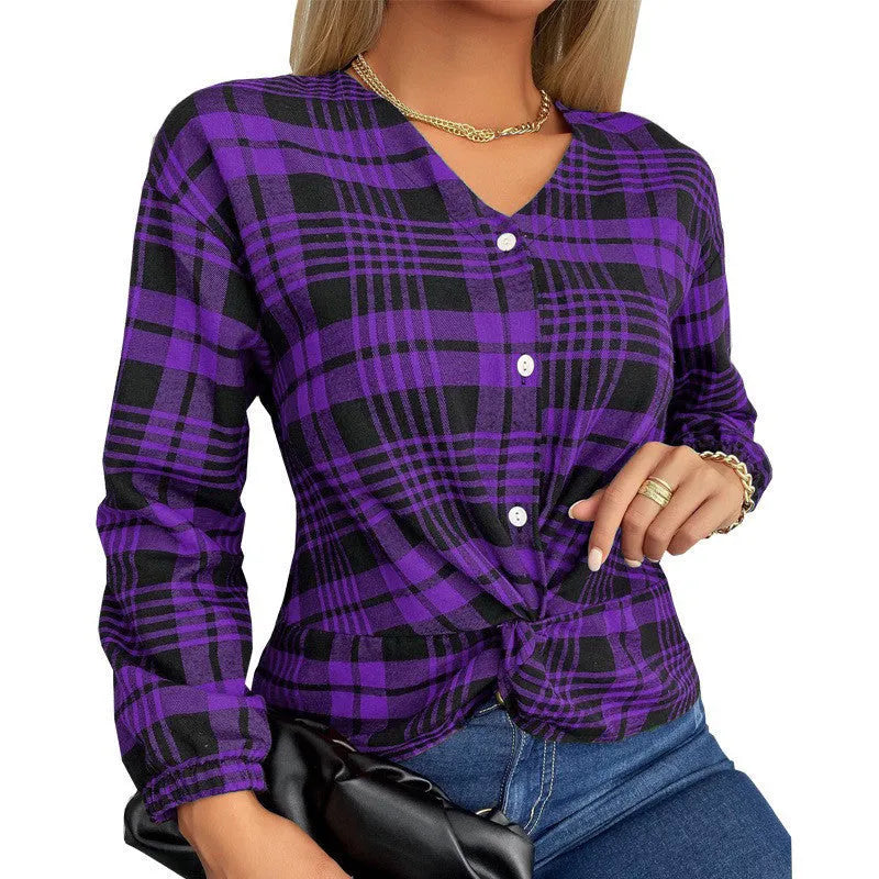 Women's plaid casual loose shirt in purple, gray, and red colours with regular sleeves