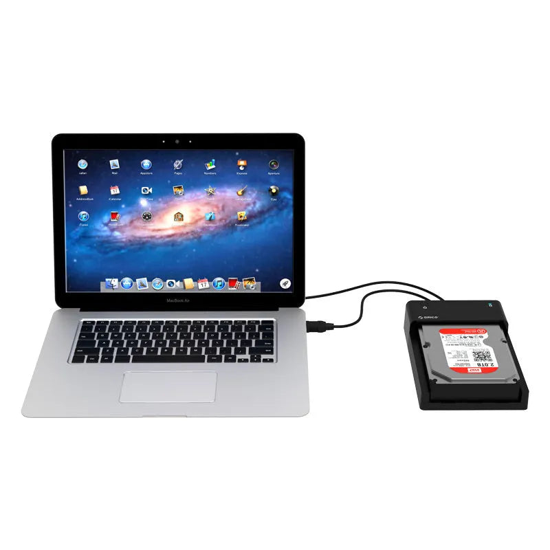 ORICO 6518US3 external hard drive enclosure in black for 2.5 and 3.5 inch SATA HDD SSD with USB 3.0 cable and power adapter