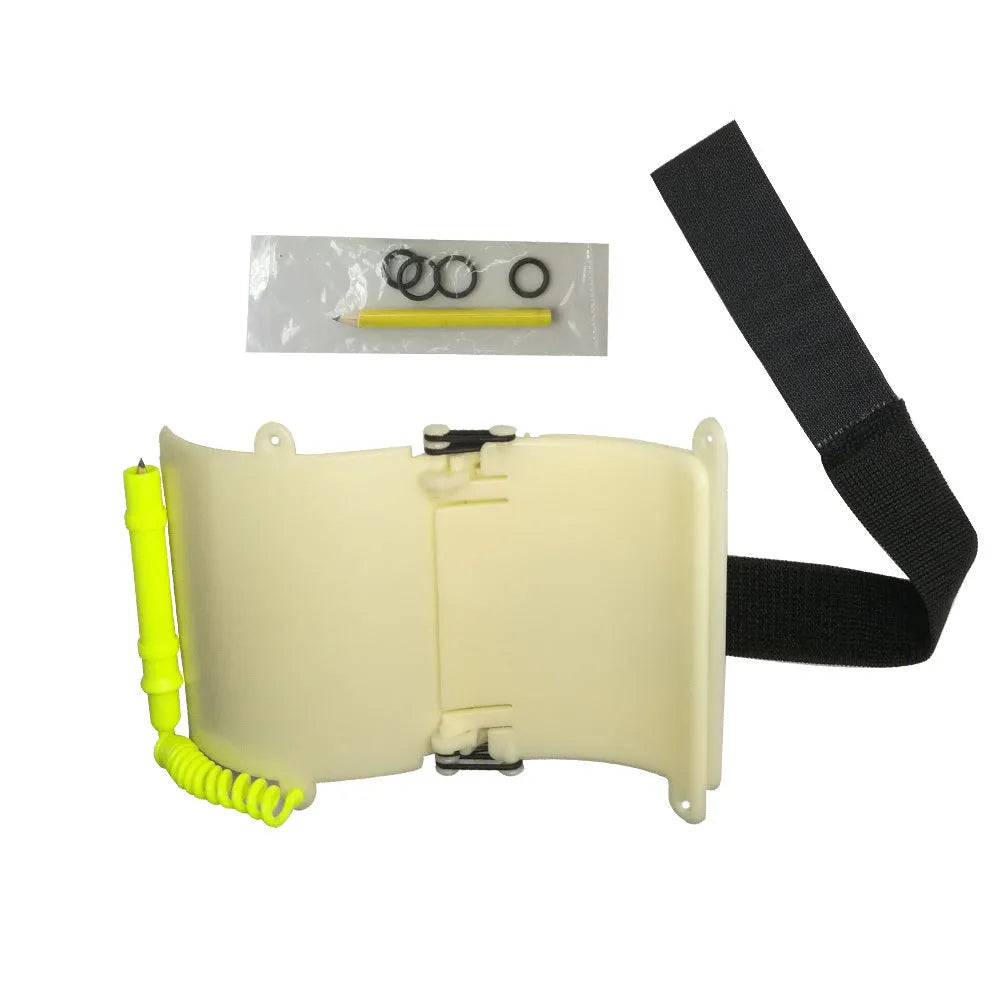 White luminous ABS diving wristboard with pencil and spare O-ring for underwater writing