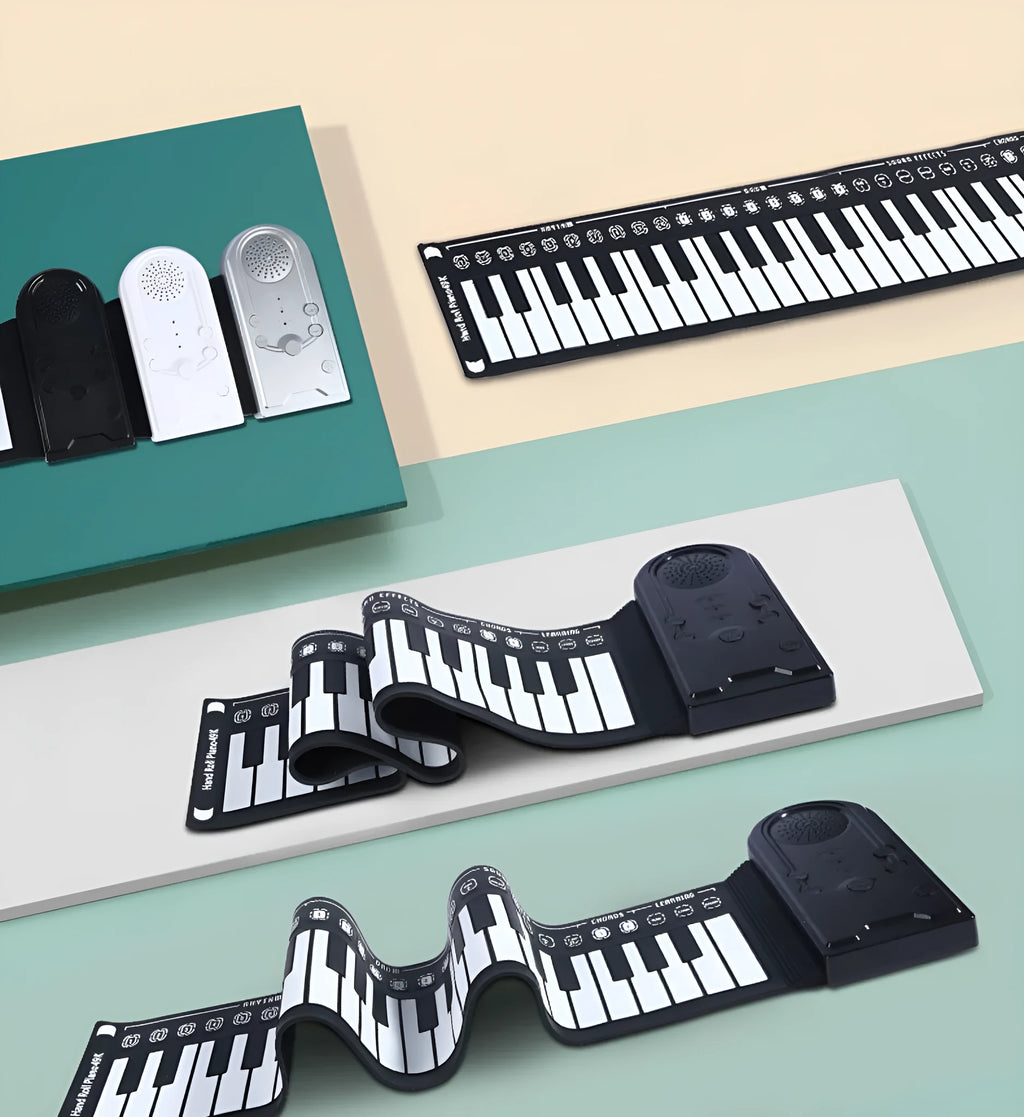 Portable folding electronic keyboard with roll-up silicone keys and ABS control panel in black, silver, or white.