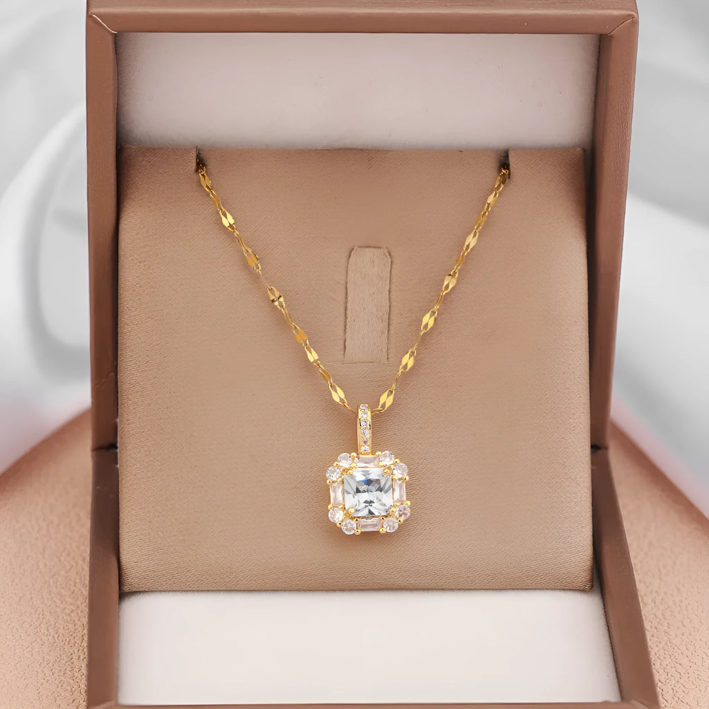 Women's titanium steel clavicle chain with geometric mixed gem pendant in T8052 gold colour