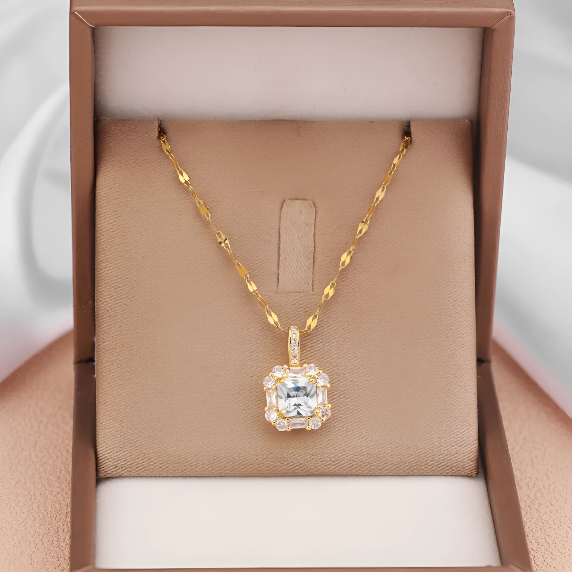 Women's titanium steel clavicle chain with geometric mixed gem pendant in T8052 gold colour