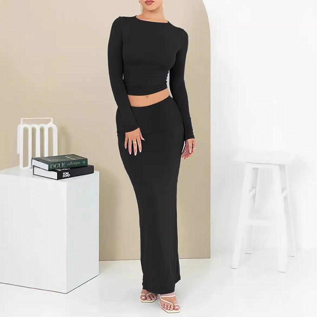 Women's autumn two-piece suit in polyester with long skirt and three-quarter sleeves in sweet style