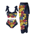 Women's printed three-piece swimming costume with bra, skirt and briefs in polyester fabric