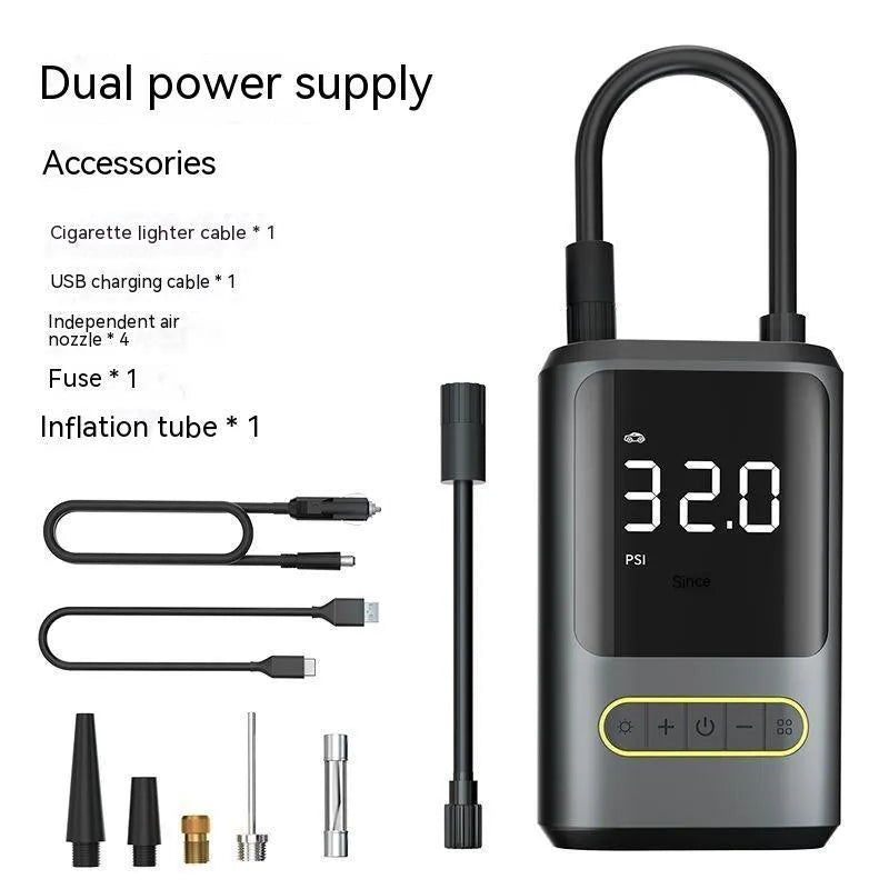 Handheld wireless digital tyre inflator with display screen, LED light, and air hose.