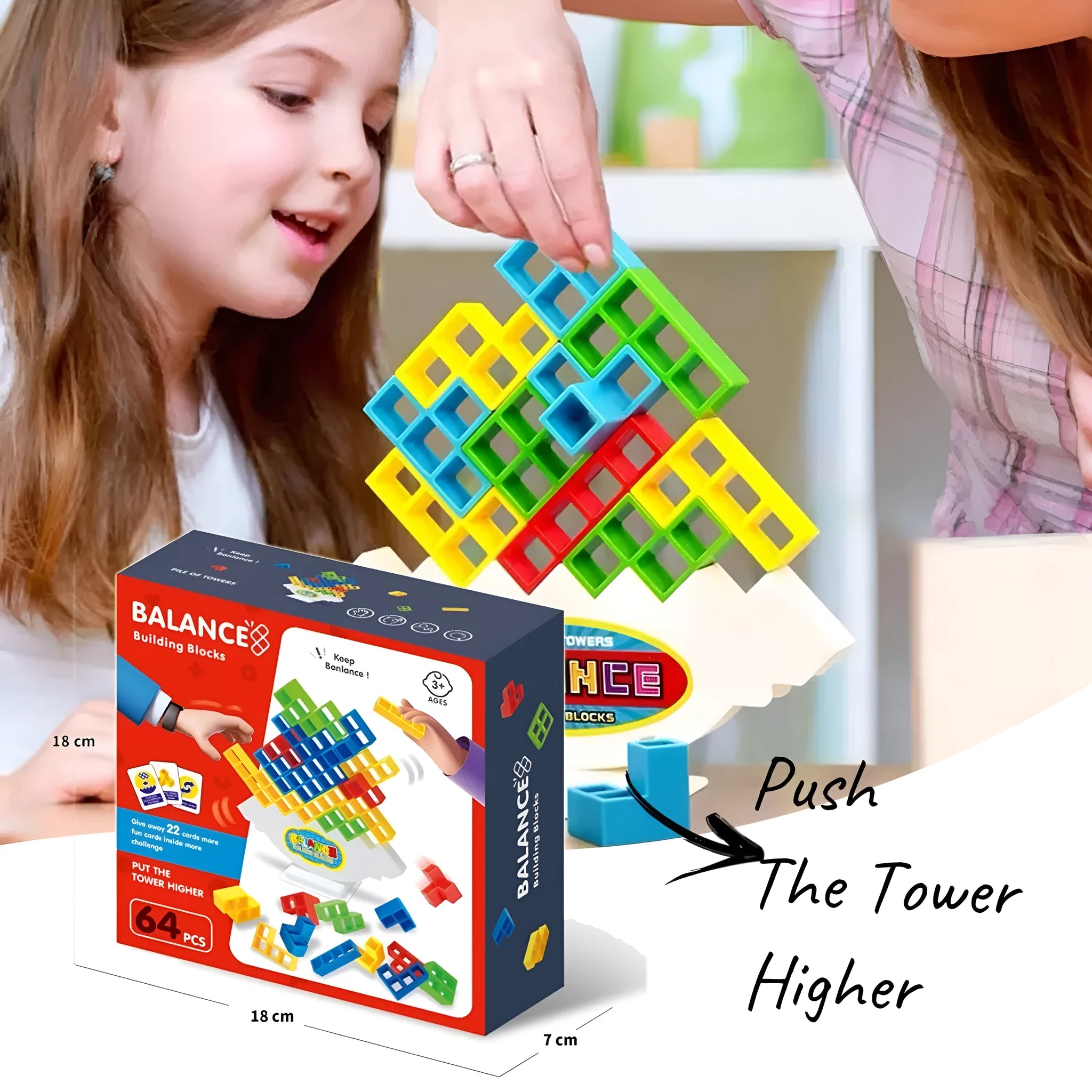Balance stacking board game with 16 plastic coloured building blocks, base and chassis on a flat surface