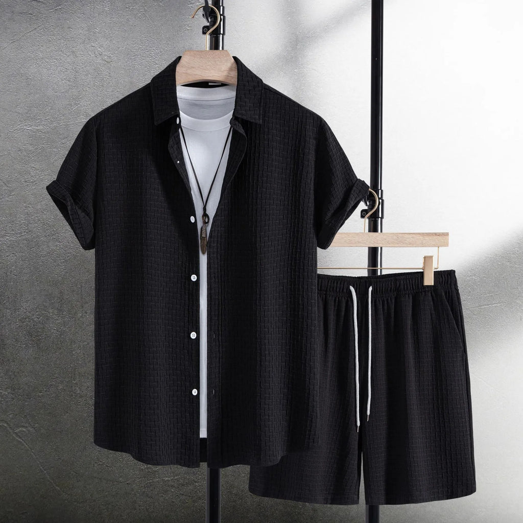 Men's beach shorts suit with matching short sleeve shirt and shorts in cotton blend fabric