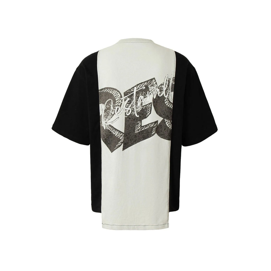 Black and white broken collage deconstruction printed T-shirt with short sleeves and loose fit