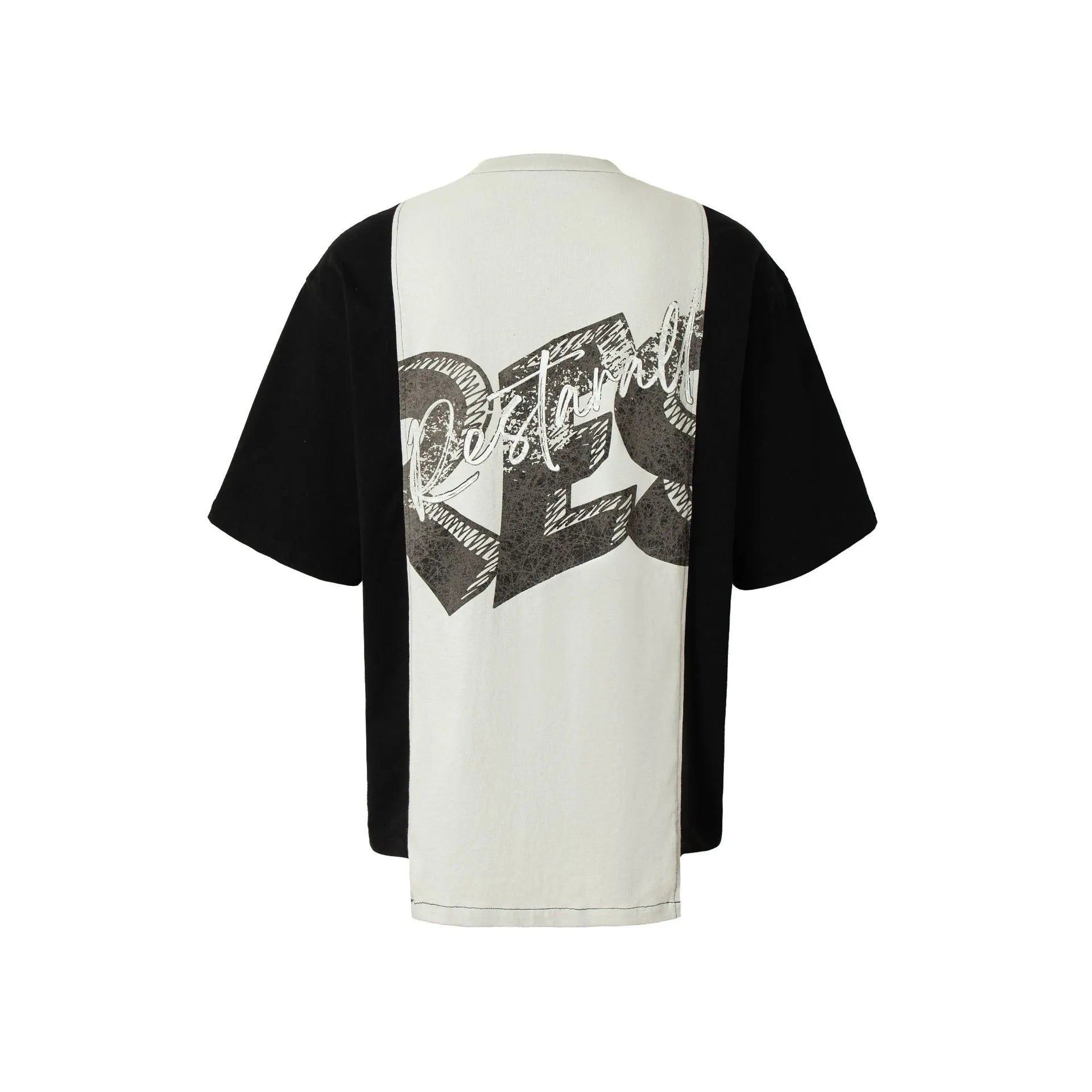 Black and white broken collage deconstruction printed T-shirt with short sleeves and loose fit