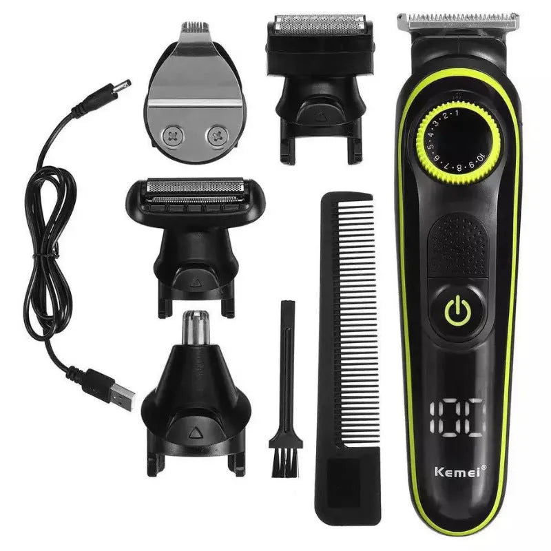 Black KM-696 household electric hair clipper set with USB charging cable and cleaning brush.