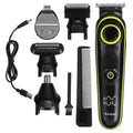 Black KM-696 household electric hair clipper set with USB charging cable and cleaning brush.