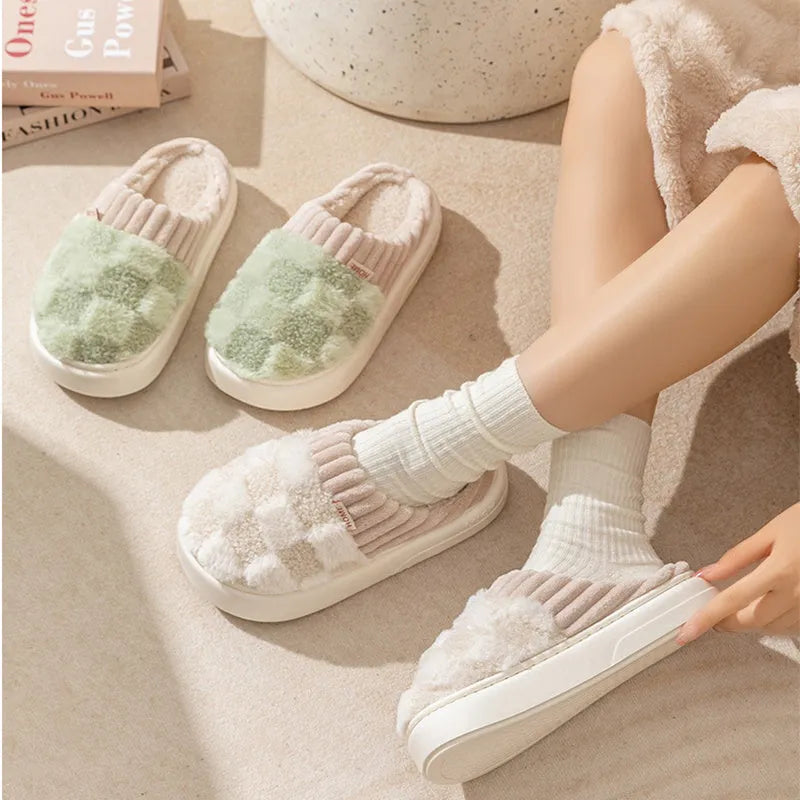 Plaid pattern women's plush slippers with round toe and non-slip sole in multiple colours