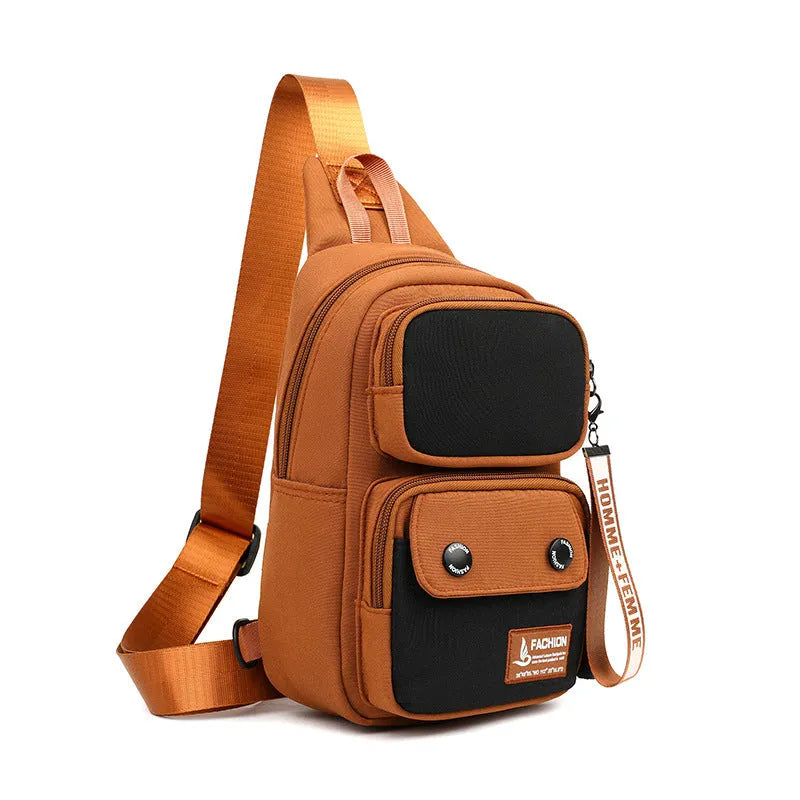 Nylon crossbody bag in contrasting colours with shoulder strap for outdoor leisure