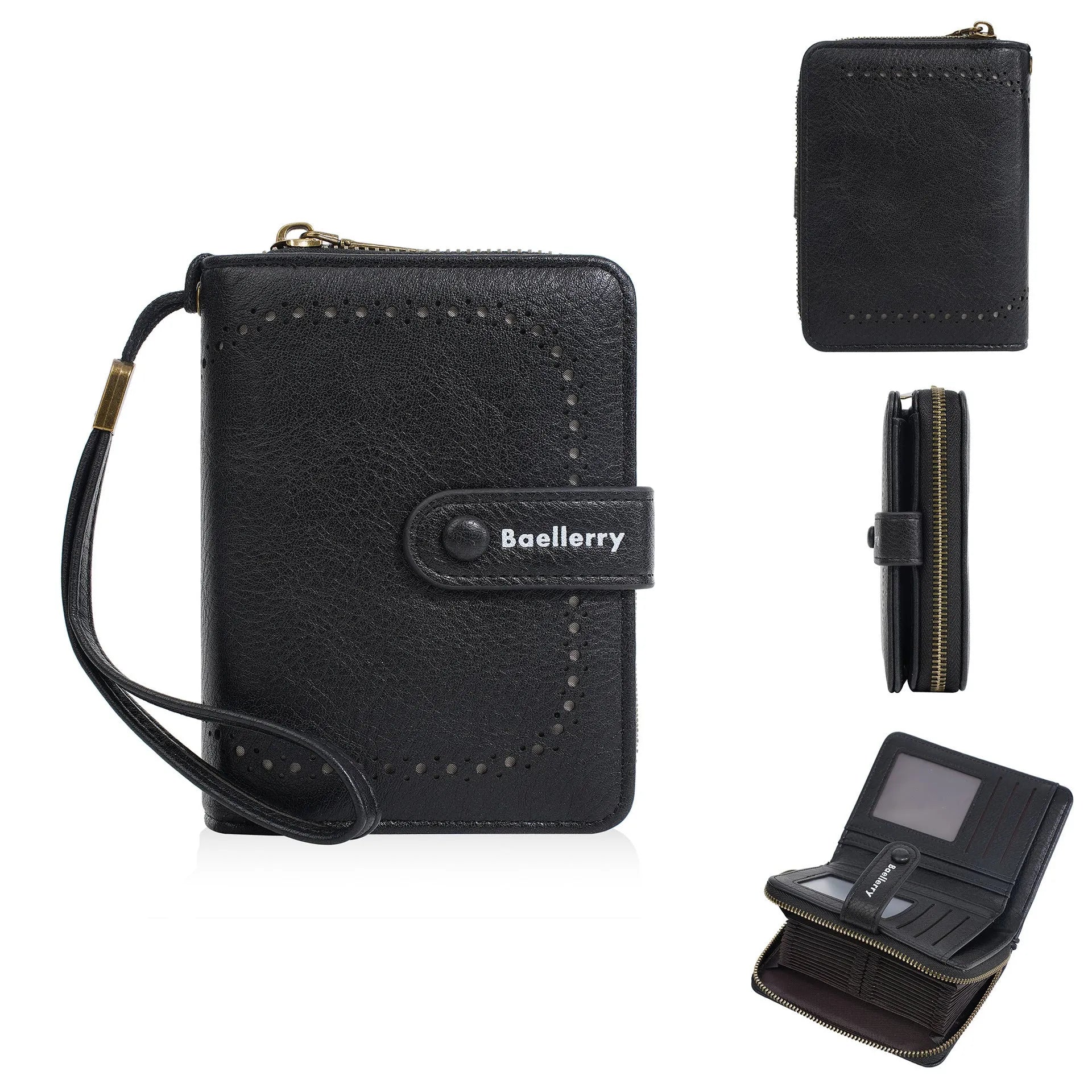 Women's black PU zip coin purse showing card slots and coin compartment.