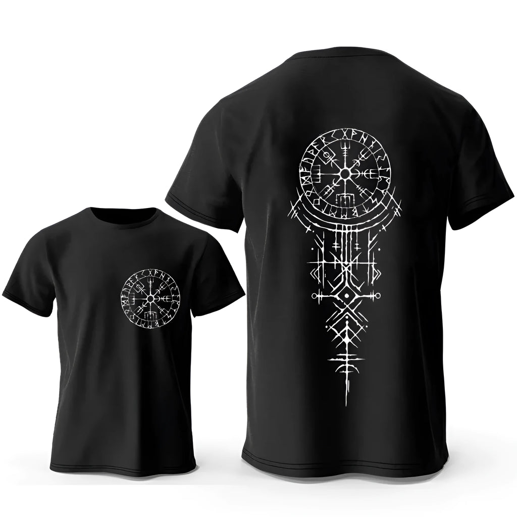 Viking rune compass design with smiling face on a men's pure cotton T-shirt.