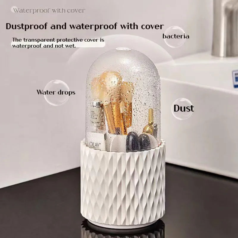 White rotating transparent acrylic makeup brush storage holder with dustproof lid on desktop