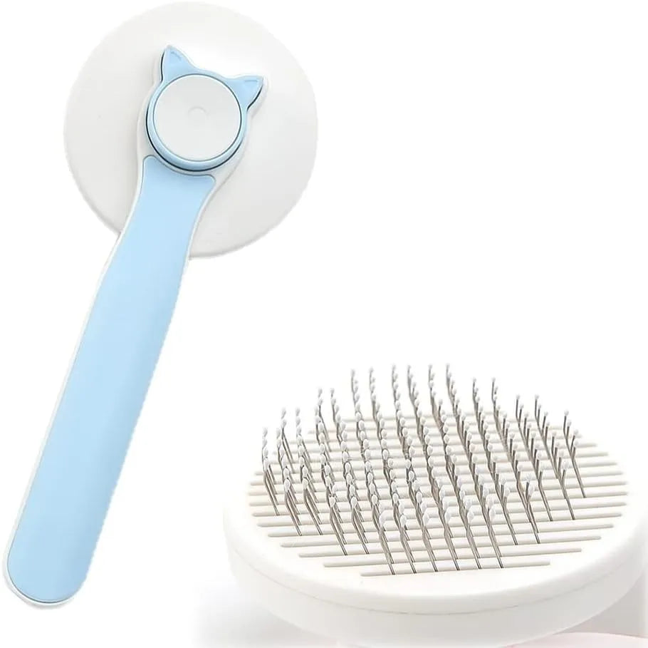 Blue self-cleaning cat brush with rubber-tipped needles and ergonomic handle for pet grooming