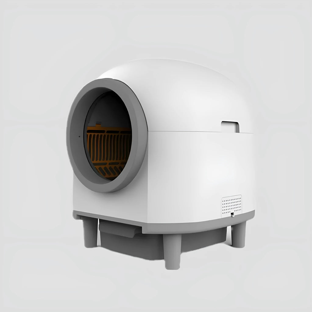 White automatic enclosed cat litter box with dimensions 55.6cm x 51.2cm x 59cm.