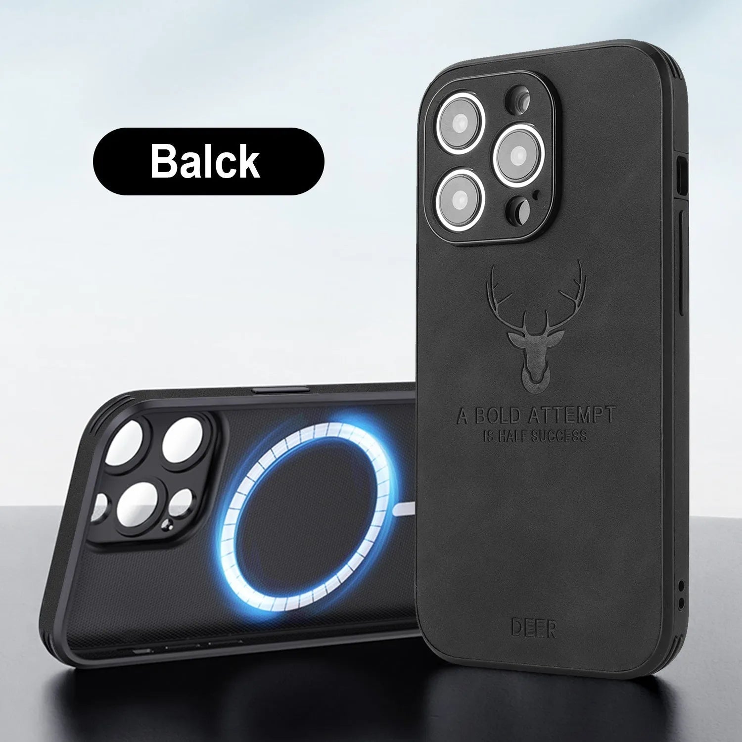 iPhone 16 series magnetic charging phone case with embossed brown moose head design on imitation leather.