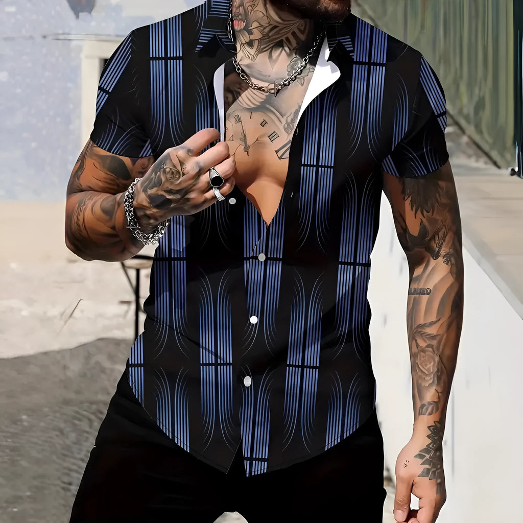 Men's slim-fit short-sleeve shirt with a geometric line pattern printed on the lapel.