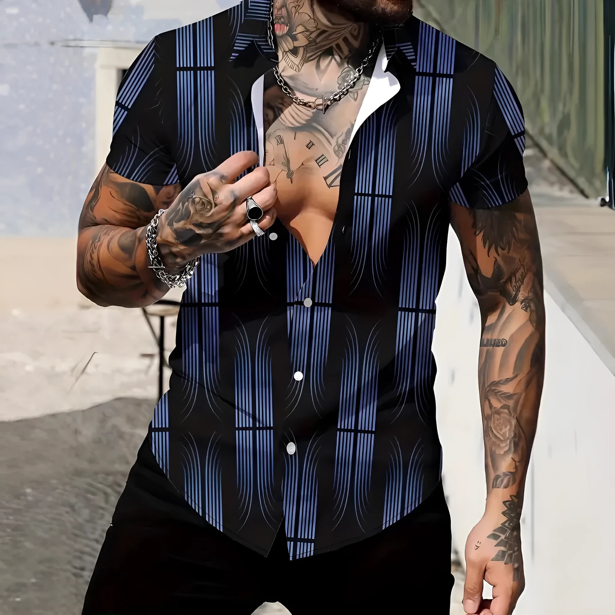 Men's slim-fit short-sleeve shirt with a geometric line pattern printed on the lapel.