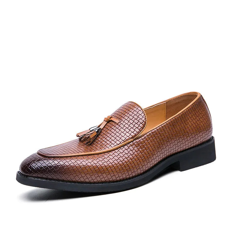 Men's black pointed toe slip-on business shoes with decorative tassel on artificial PU upper