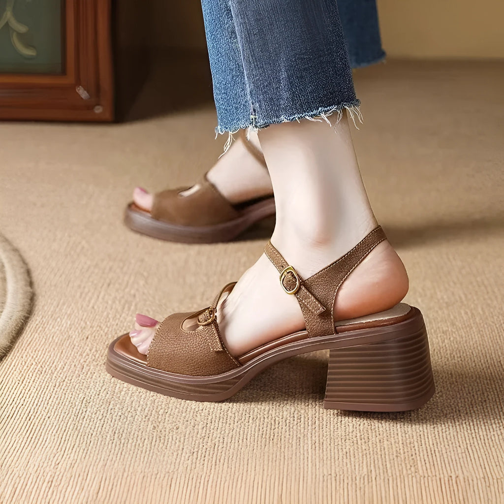 Women's retro platform sandals with open toe square toe design in milky white colour