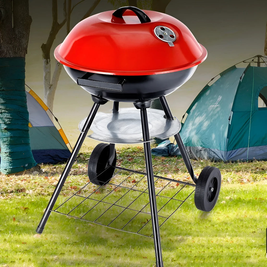Portable 14-inch iron barbecue grill oven with apple stove design on a neutral background