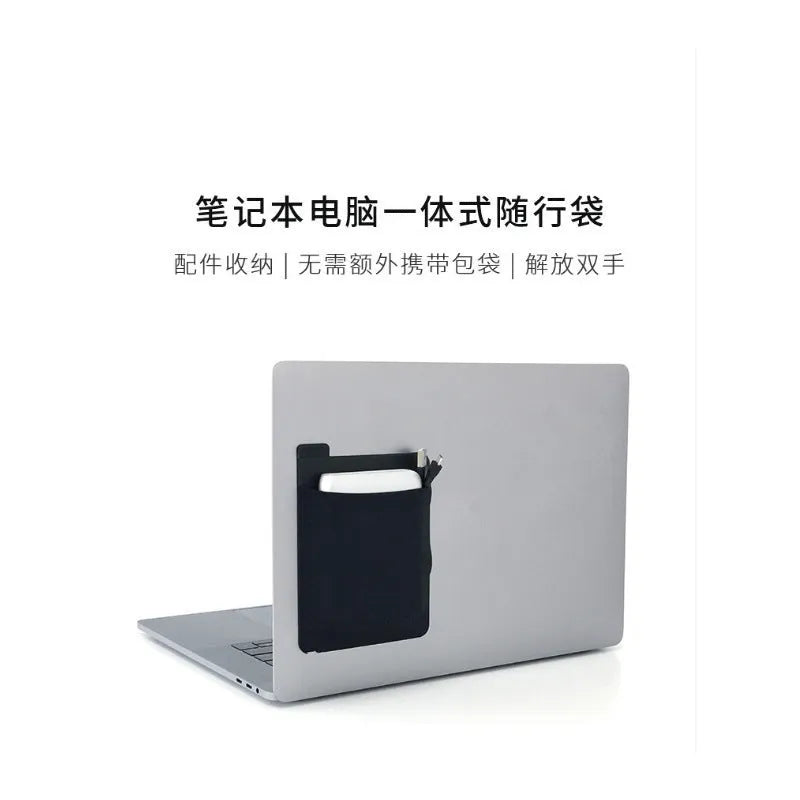 Black self-adhesive Lycra storage bag attached to back of laptop, 15x12cm, with pen loop and earphones visible