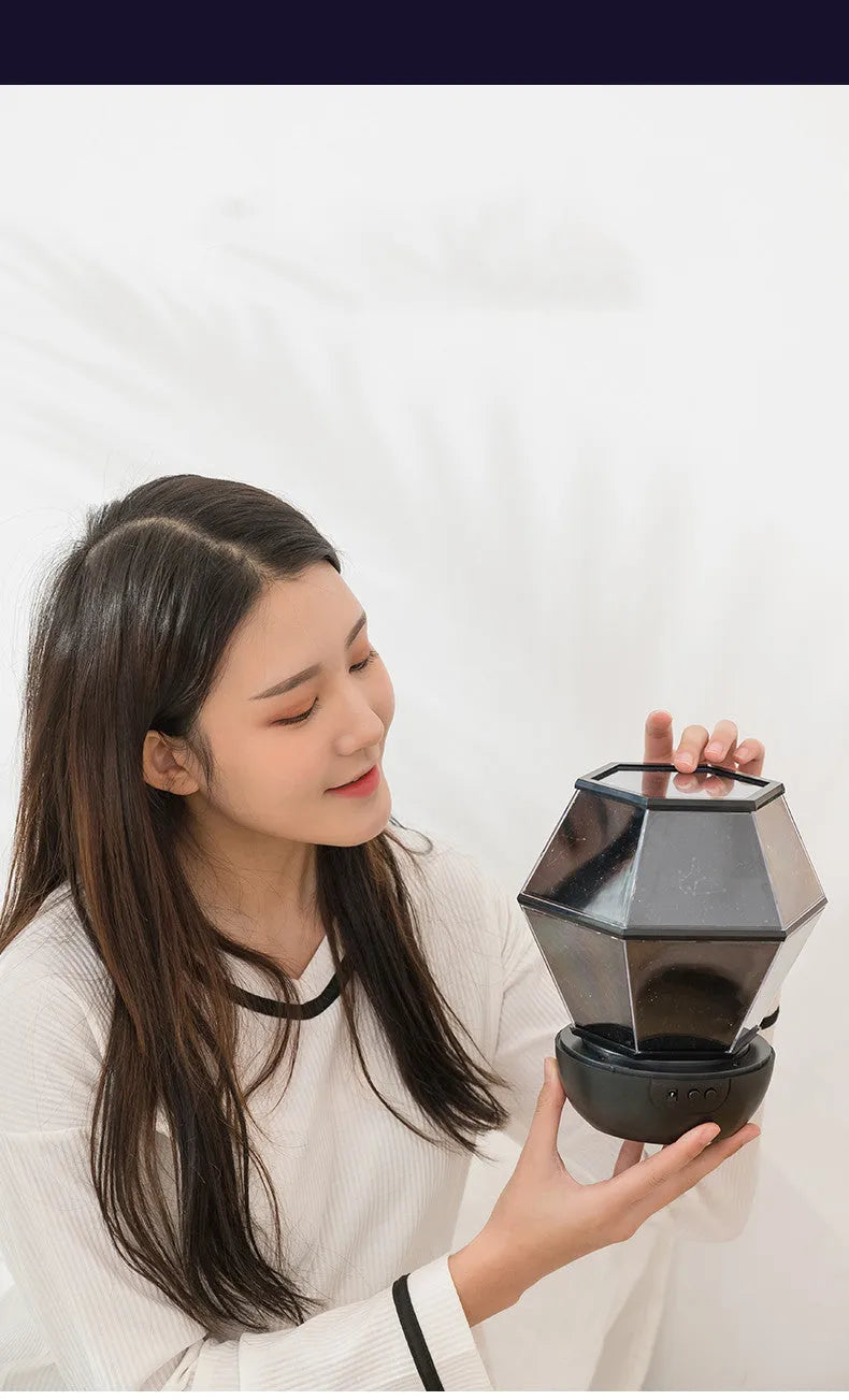 Children's rotating stars LED constellation projector night light showing colourful star patterns on a wall.