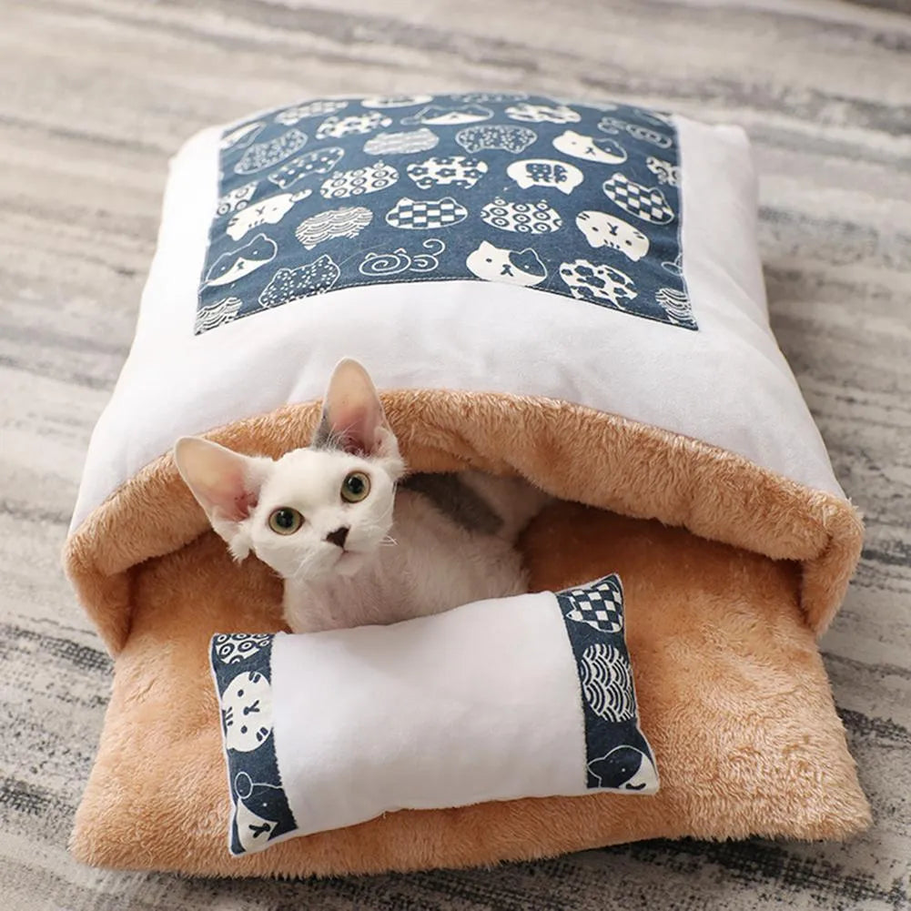 Warm semi-enclosed cat bed with removable washable quilt, cloth cave design for small to large cats