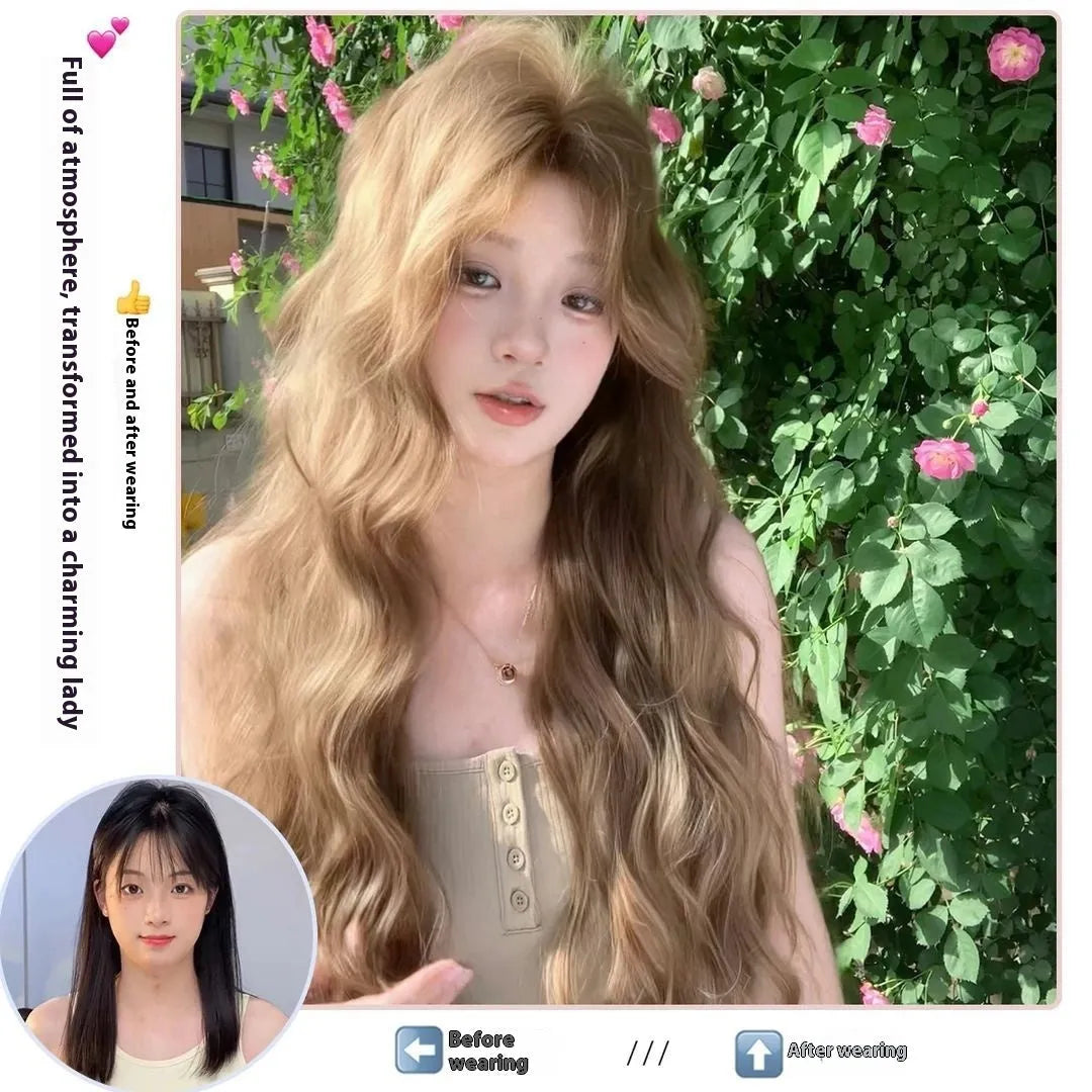 Linen brown medium length curly synthetic wig with hair net