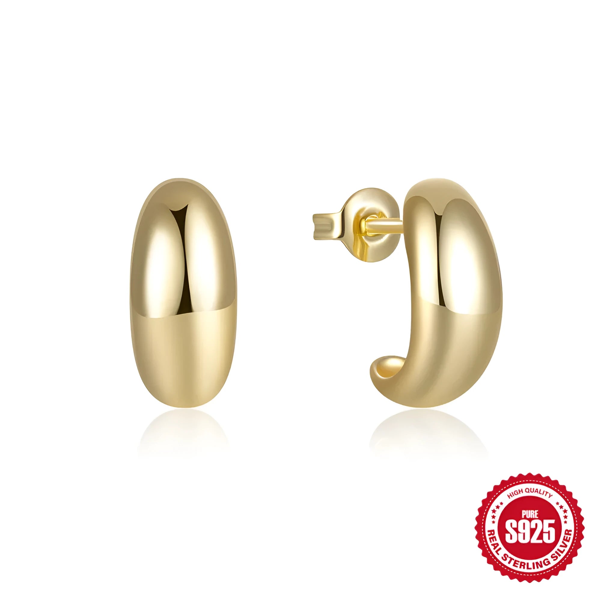 C-shaped sterling silver stud earrings with high polish gloss finish in gold colour