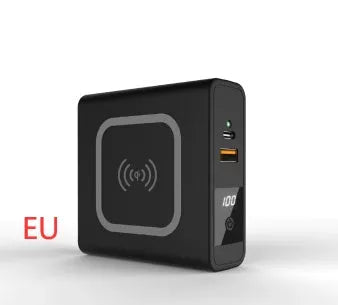 Black and white 10000mAh power bank with wireless charging, a fold-out plug, and international travel adapters.