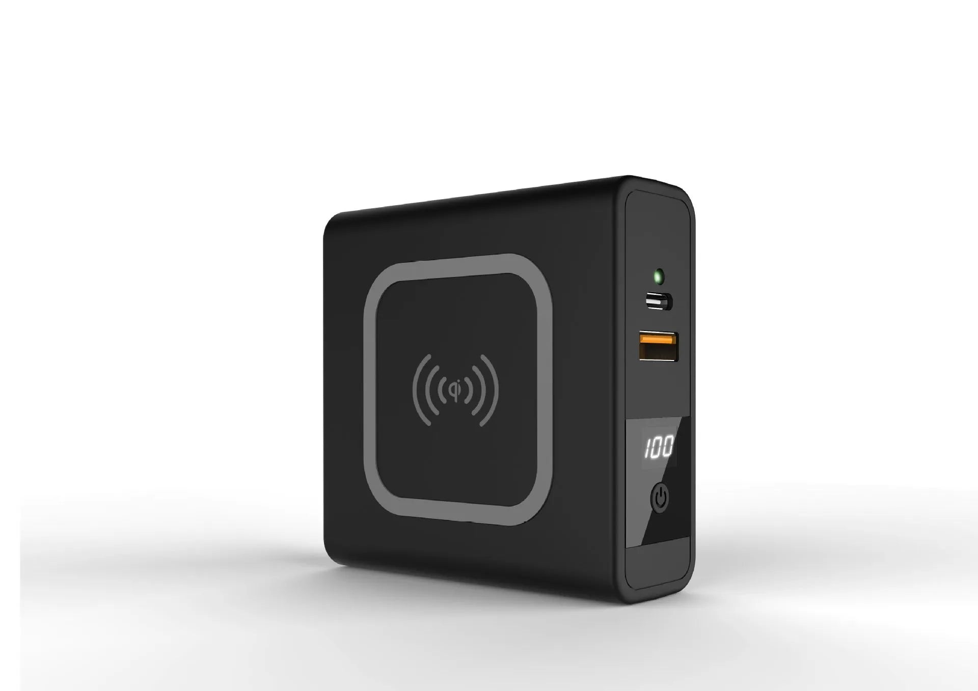 Black and white 10000mAh power bank with wireless charging, a fold-out plug, and international travel adapters.