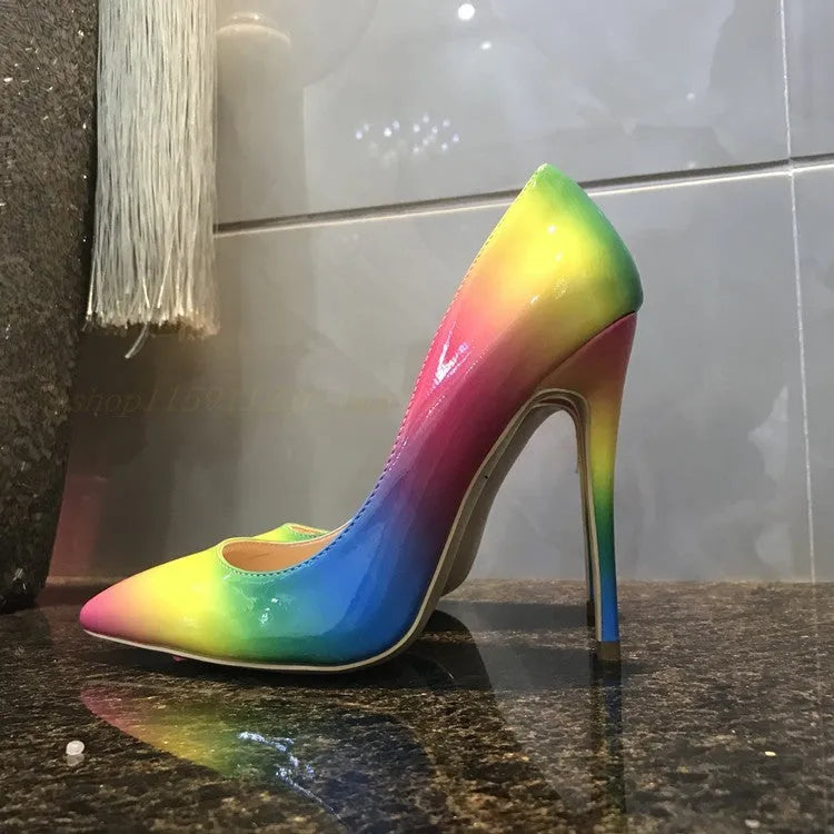 Rainbow glossy patent leather women's stiletto heels with a pointed toe and thin high heel.