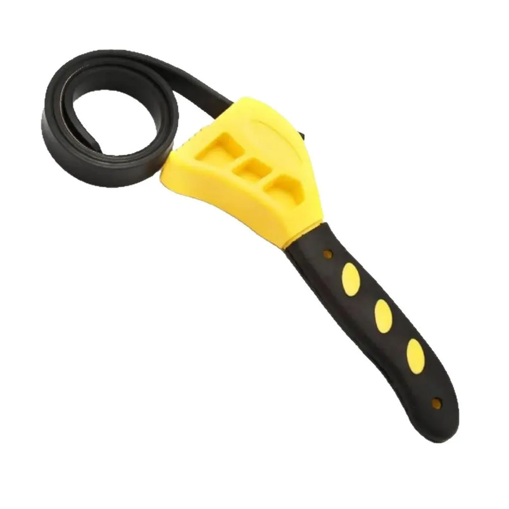 A 6-inch and 8-inch adjustable rubber strap wrench set with a black rubber strap and plastic handle.