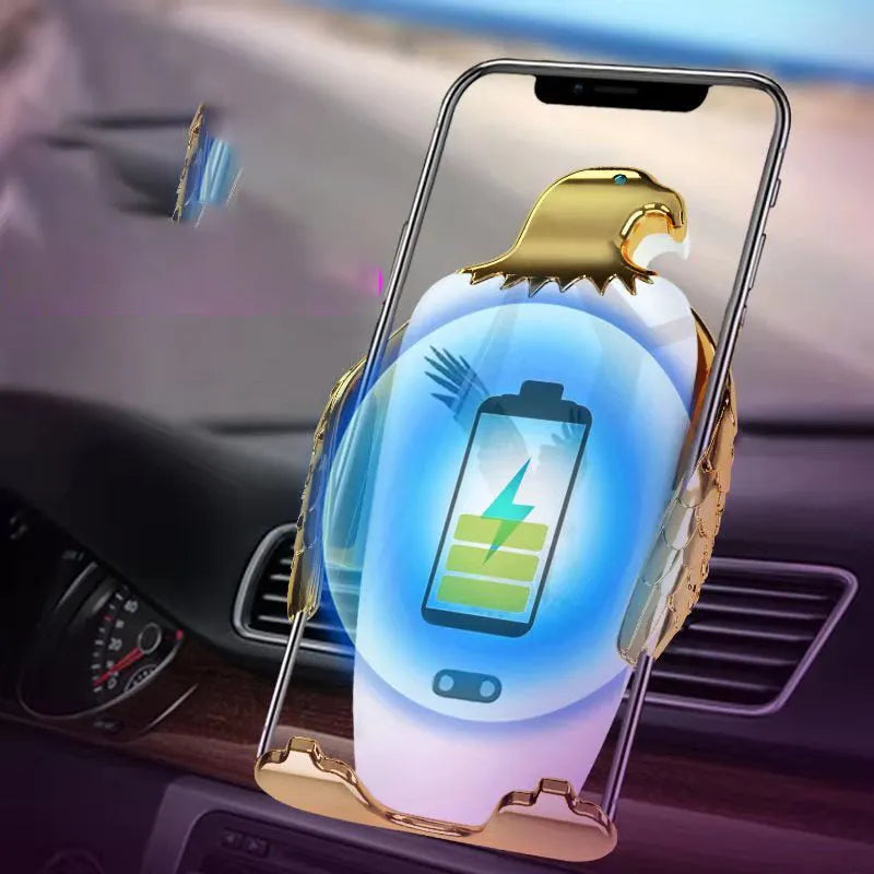 Eagle design car phone holder with wireless charging on a car dashboard