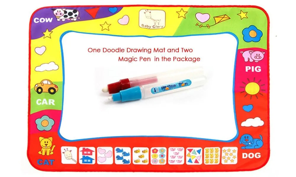 80x60cm children's water doodle drawing mat with two magic pens, showing a white drawing area with foggy letters and numbers around the edge
